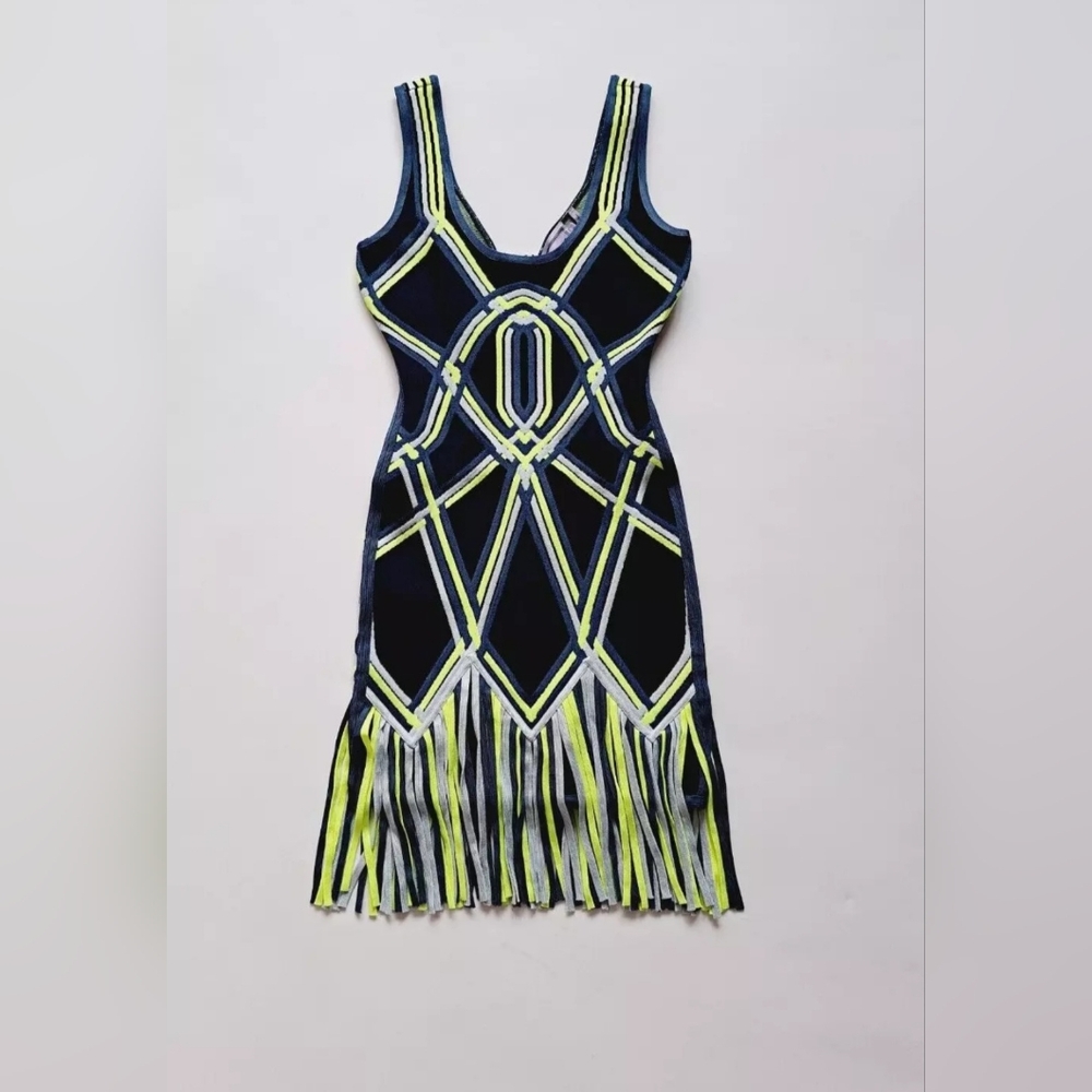 Geometric Patterned Dress in Navy Blue and Neon Green